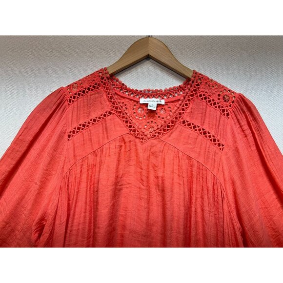 NWT John Paul Richard Peasant Blouse Large Coral Boho Casual Top Crochet Eyelet - Picture 6 of 13